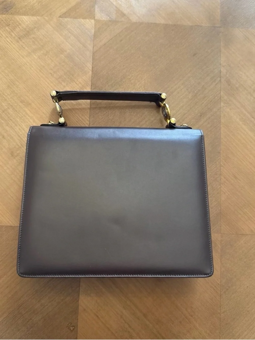 Gianni Versace Designer Brown Leather Top-Handle Shoulder Bag with Gold Hardware